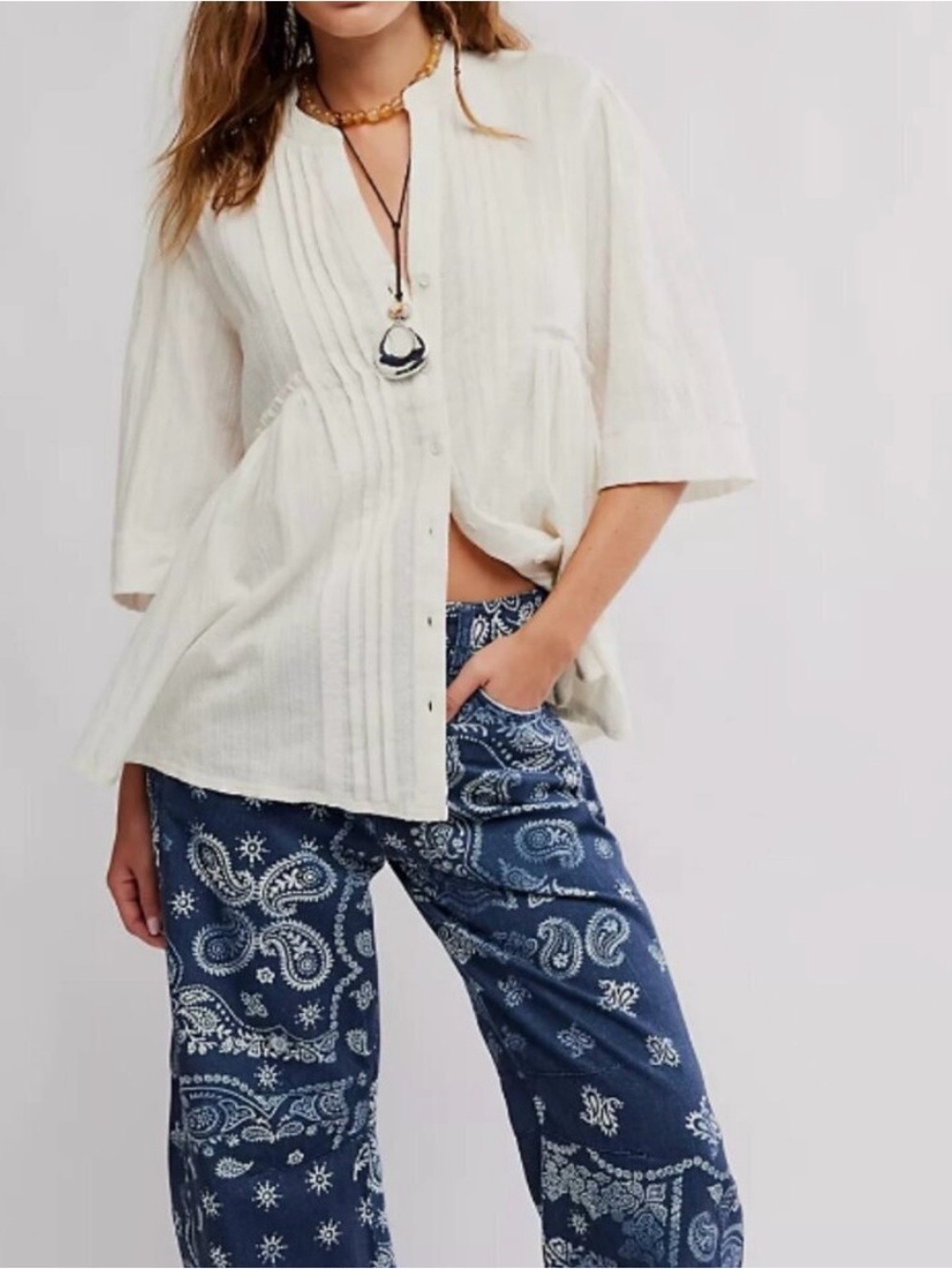 Free People/ We The Free Willow Ivory Textured Cotton Button Down Top Size XL